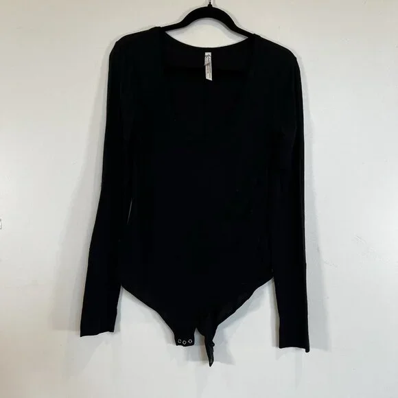 Free People Intimates Scoop Neck Long Sleeve Black Body Suit L - Picture 2 of 9